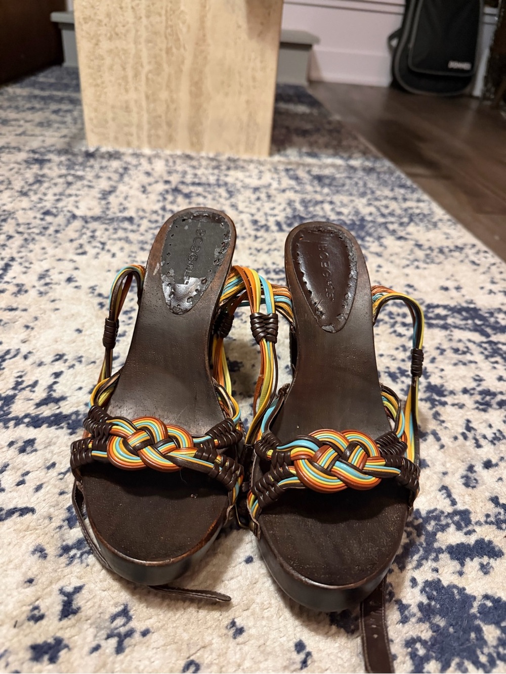 BCBGirls Brown Heeled Sandals with Multicolor Braided Straps